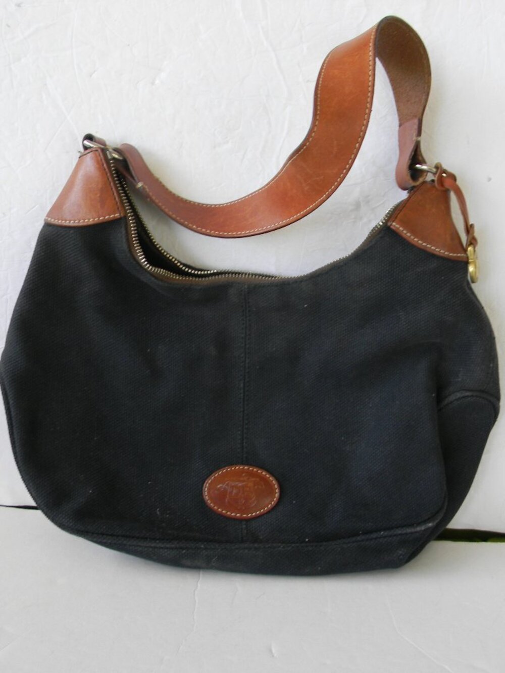 Vintage Dooney & Bourke Black Canvas/Leather Hobo Shoulder Bag Gold Hardware